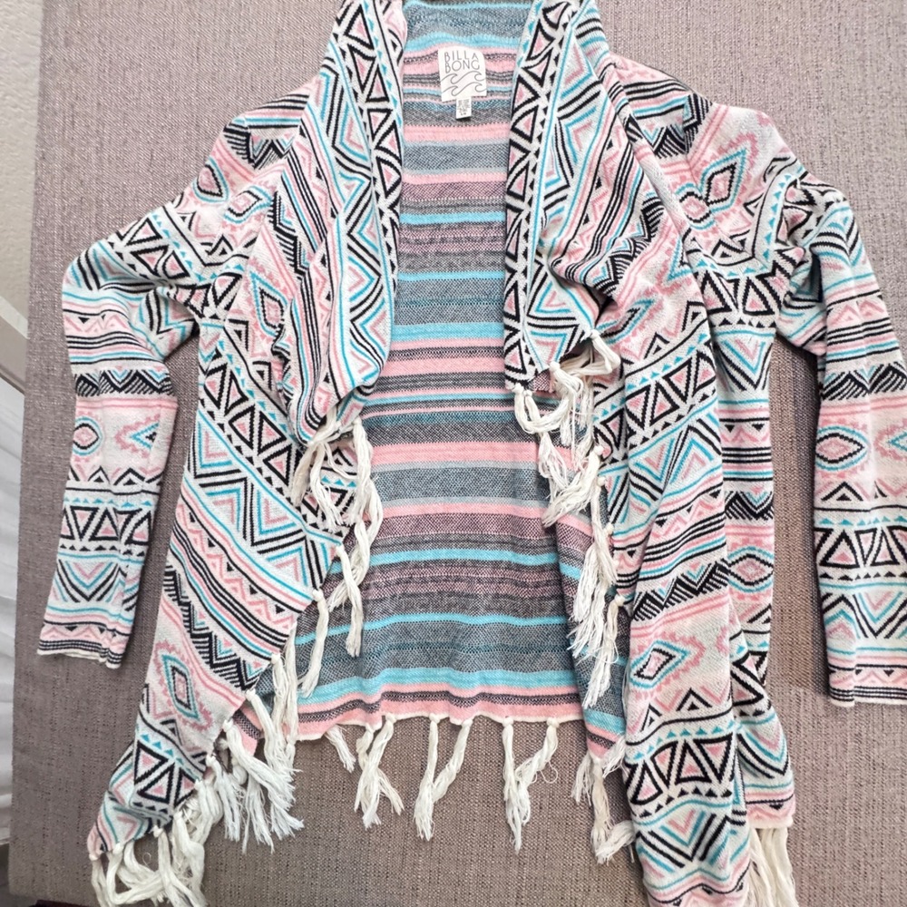 Billabong Womens Geometric Tribal Fringe Cardigan Pink Blue JV055FLO Large